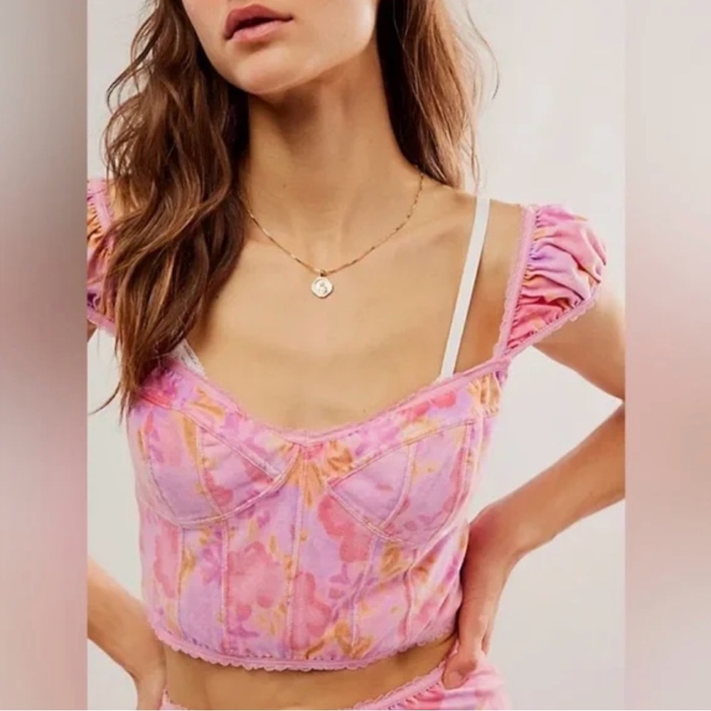 Free People Get Physical Set Pink Bustier Crop Top Biker Shorts Set Size Medium - Picture 4 of 14